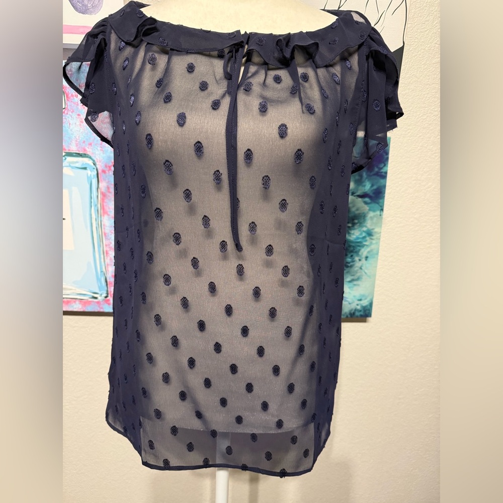 LOFT Navy Sheer Polka Dot Blouse